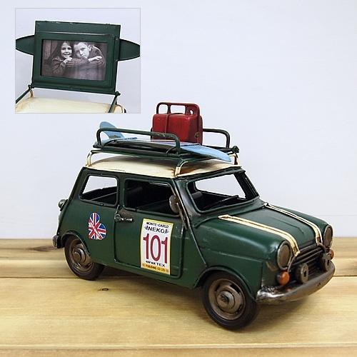 ブリキのおもちゃ車フォトスタンド(写真立て) ミニクーパー・クラシックミニ (ローバーミニ)  レーシングカー 101ラリー／グリーン(Mサイズ)