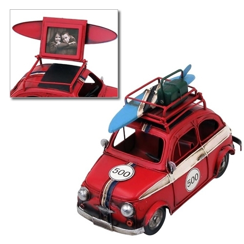 ブリキのおもちゃ車フォトスタンド(写真立て) フィアット(FIAT)500 サーフキャリングカー／レッド(Sサイズ)